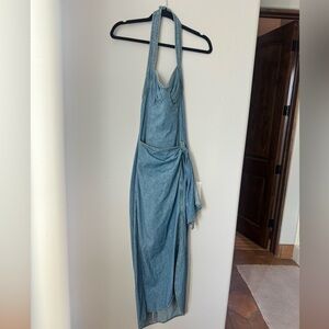 Vintage Y2K Denim Halter Wrap Midi Dress Open Back Cottagecore S Boho Chic